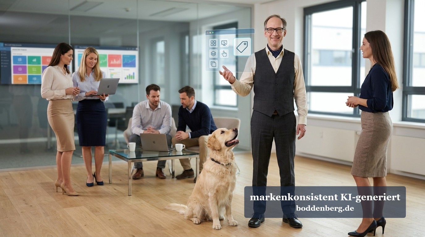 Office-Team mit Hund in modernem Büro Team aus mehreren Personen und einem Hund steht in modernem Büro mit digitaler Visualisierung an der Wand.