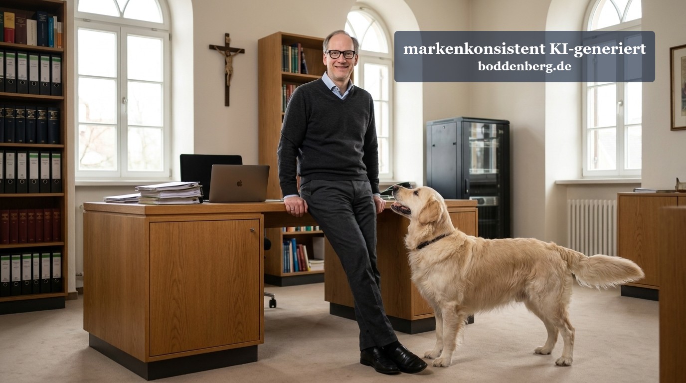Priester in schwarzem Pullover lehnt an seinem Schreibtisch neben einem Golden Retriever in einem hellen Büro mit Bücherregalen und großen Fenstern.