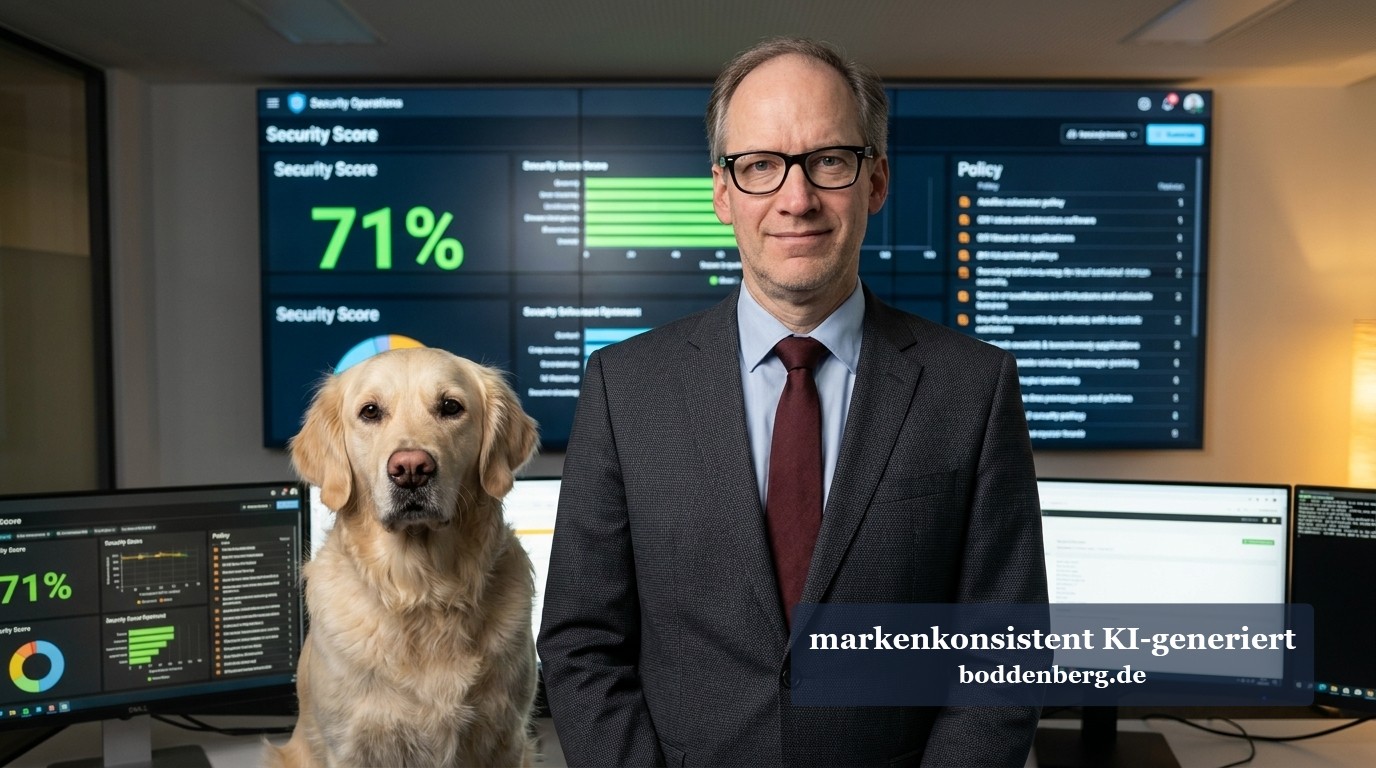 Ein Sicherheitsexperte mit Brille und dunklem Anzug steht mit einem Golden Retriever in einem SOC-Kontrollzentrum vor großen Überwachungsbildschirmen…
