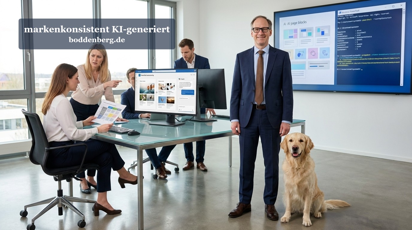 Team präsentiert AI-Seiten-Blöcke auf Monitor, Golden Retriever sitzt neben Manager im modernen Büro.