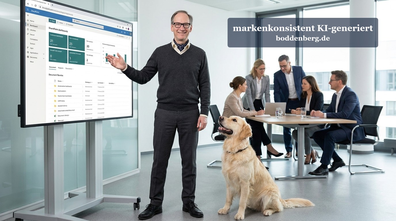 Mann in schwarzem Pullover präsentiert ein SharePoint-Dashboard auf einem großen Monitor vor einem Team im modernen Büro, ein Golden Retriever sitzt i…