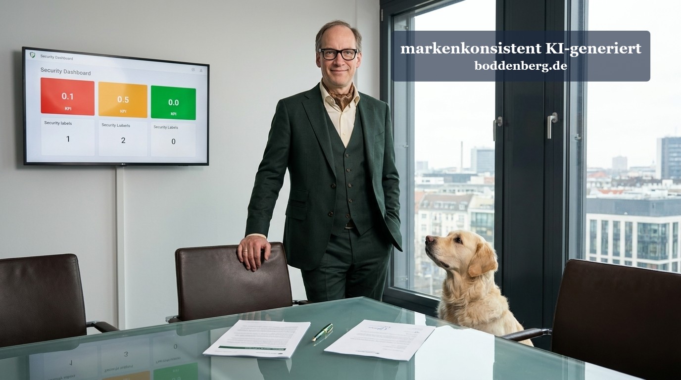 Mann in Anzug steht neben Hund am Konferenztisch vor Security-Dashboard und Stadtaussicht.