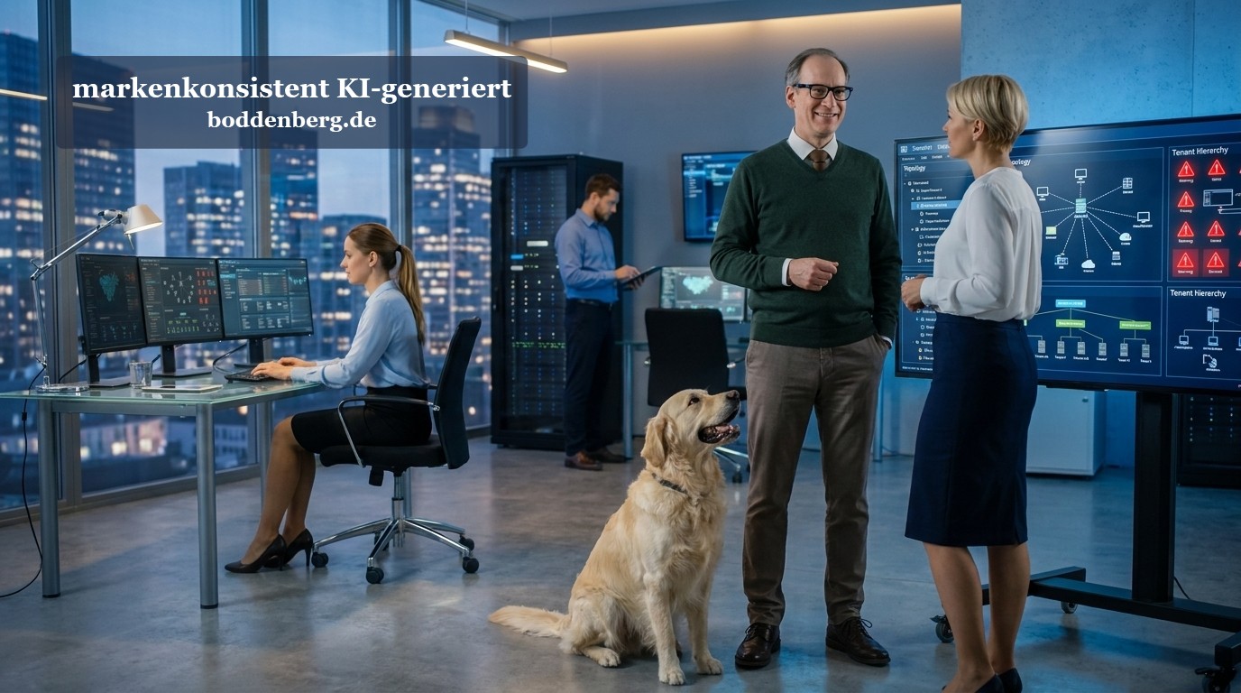 Team aus Männern und Frauen in einem modernen Büro mit Blick auf eine nächtliche Skyline; ein Golden Retriever sitzt im Vordergrund.