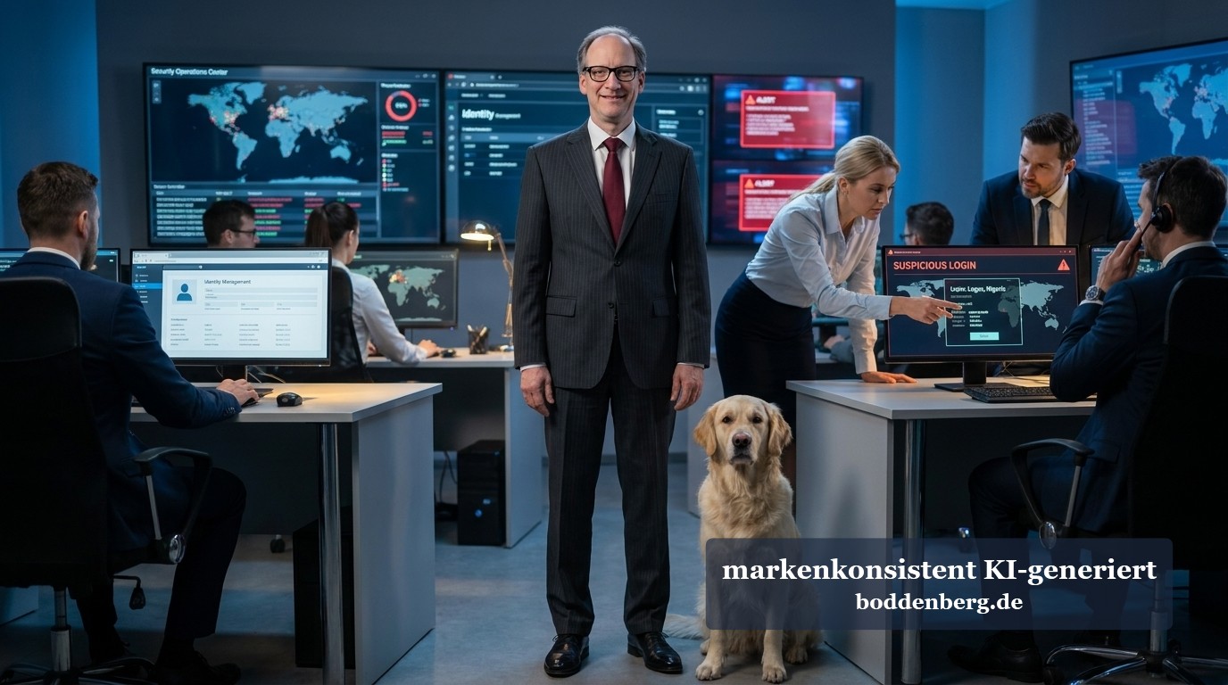 Security Operations Center mit Team und Hund Ein Mann im Anzug steht mit einem hellgelben Labrador in einem modernen Security Operations Center, umgeben von mehreren Mitarbeitern an Bildschirmen…