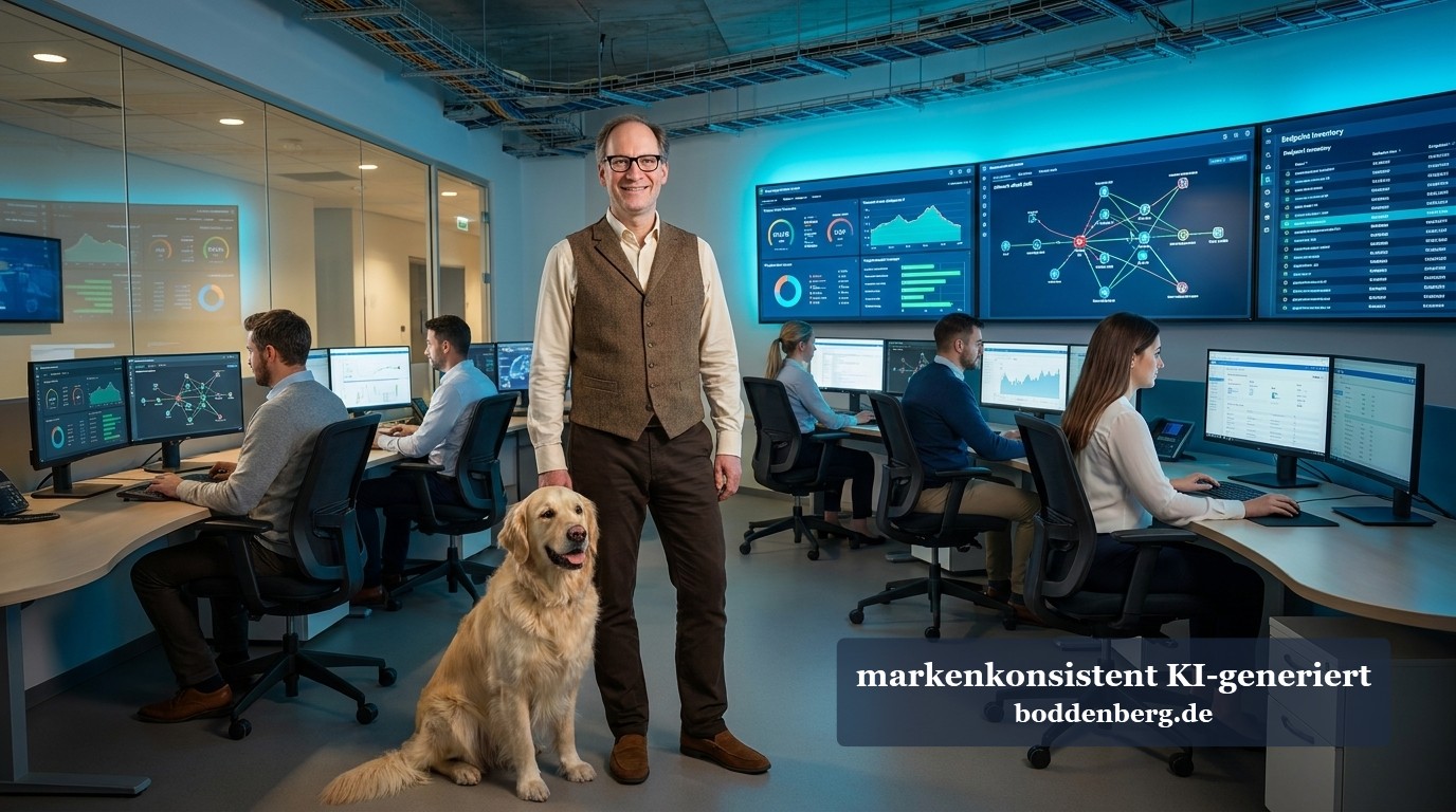 SOC-Team im Monitoring-Center mit Analyst und Hund Mann mit Brille und Hund stehen vor einem SOC-Team, das an Workstations mit Monitoring-Dashboards arbeitet.