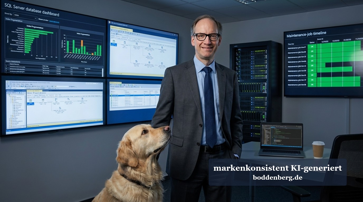 SQL-Datenbankadministrator mit Hund im Serverraum Ein Datenbankadministrator in Anzug und Brille steht vor mehreren Bildschirmen mit SQL-Dashboards, neben ihm ein Golden Retriever.
