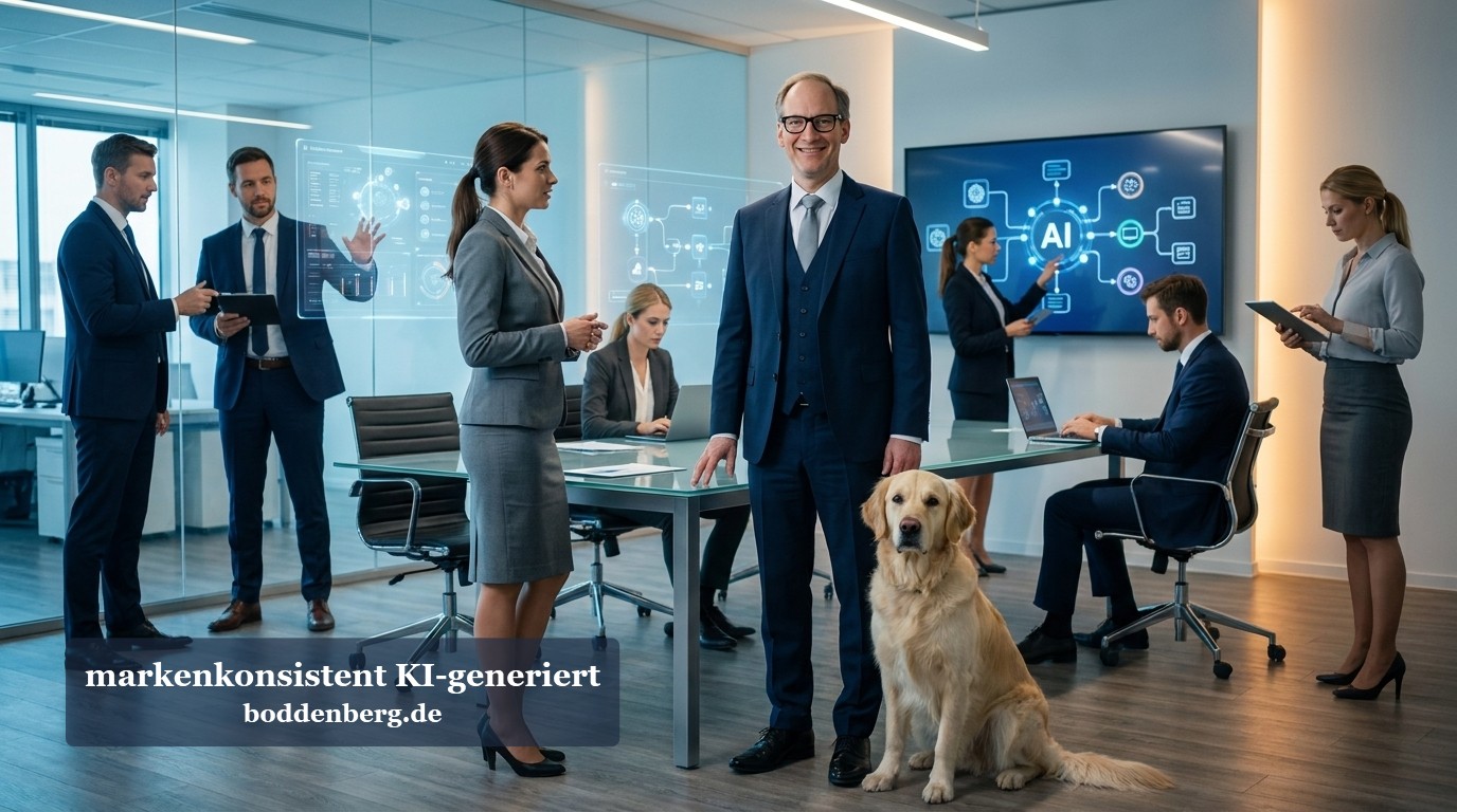 Modernes Business-Team im Büro mit Hund Team von Geschäftsleuten arbeitet in moderner Büroumgebung mit AI-Visualisierung auf dem Display und einem Labrador.