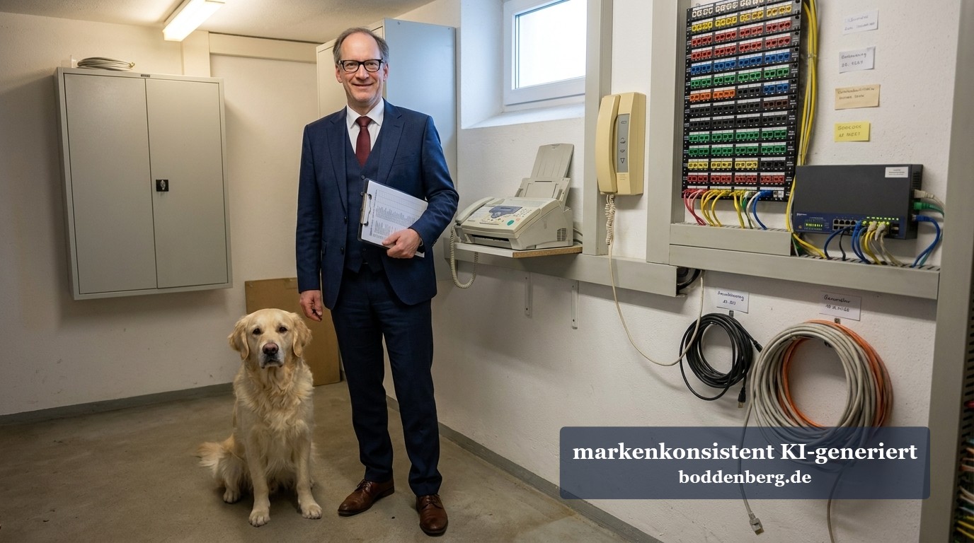 Teams-Phone-Projekt: Serverraum mit Mann und Hund Geschäftsmann im dunklen Anzug mit Brille steht neben einem gelben Labrador in einem Serverraum mit Telefonanlage und Kabeln.