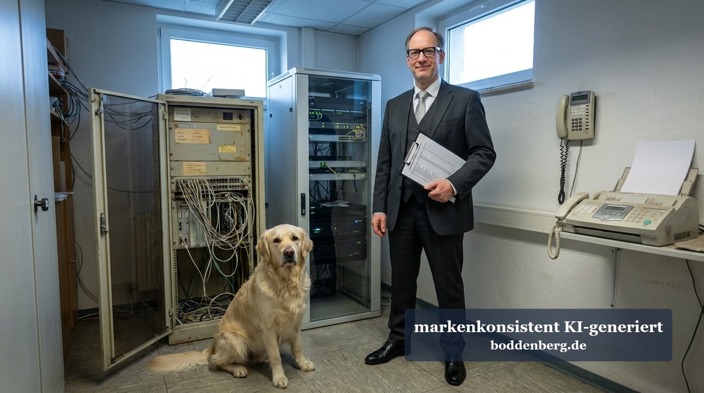 Telefonanlage im Serverraum – Abschied von veralteter Infrastruktur Mann im Anzug mit Brille und Dokumenten steht neben einem Golden Retriever vor offenen Telekommunikationsschränken in einem Serverraum.