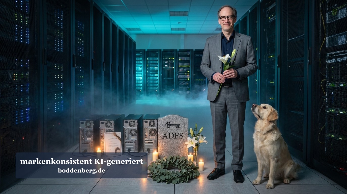 ADFS-Farm abschalten: Das digitale Begräbnis Mann in Anzug mit Blume neben Grabstein mit ADFS-Inschrift in Serverzentrale, Hund sitzt daneben.