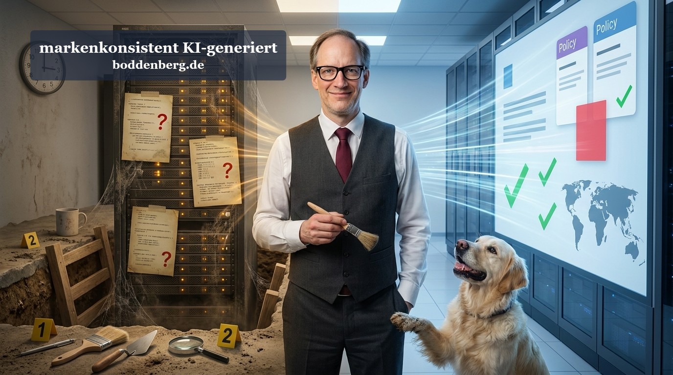 Mann in Business-Kleidung mit Hund in moderner Office-Umgebung, rekonstruiert aus Trümmern und IT-Reliquien, mit Archivschrank und Compliance-Dashboar…