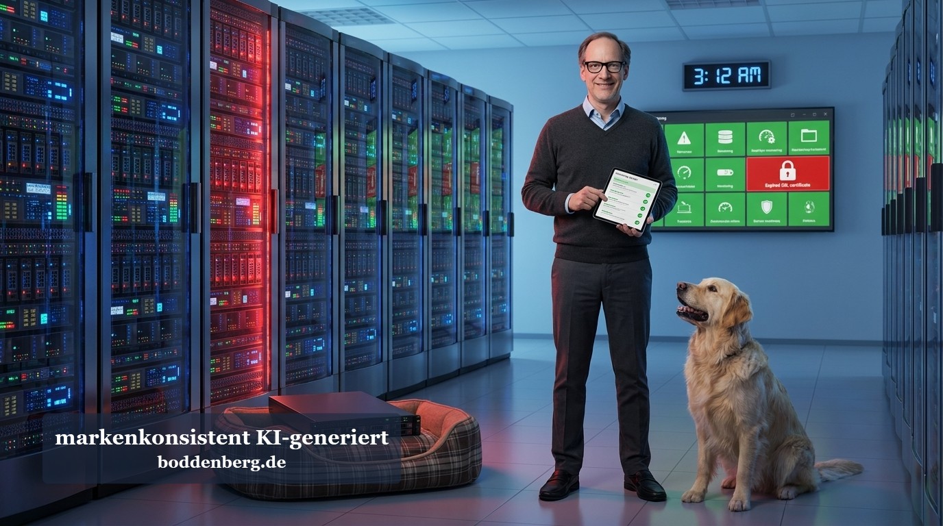 Mann mit Brille hält ein Tablet in einem Datencenter, neben ihm sitzt ein Golden Retriever, im Hintergrund Server-Racks mit leuchtenden Anzeigen.
