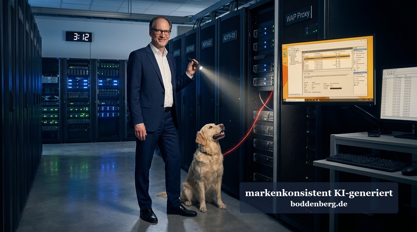 ADFS-Logs lesen: Warum dein Federation Service mehr weiß als du Ein Mann in dunklem Anzug steht neben einem Hund in einem Rechenzentrum voller Server-Racks und Monitore.