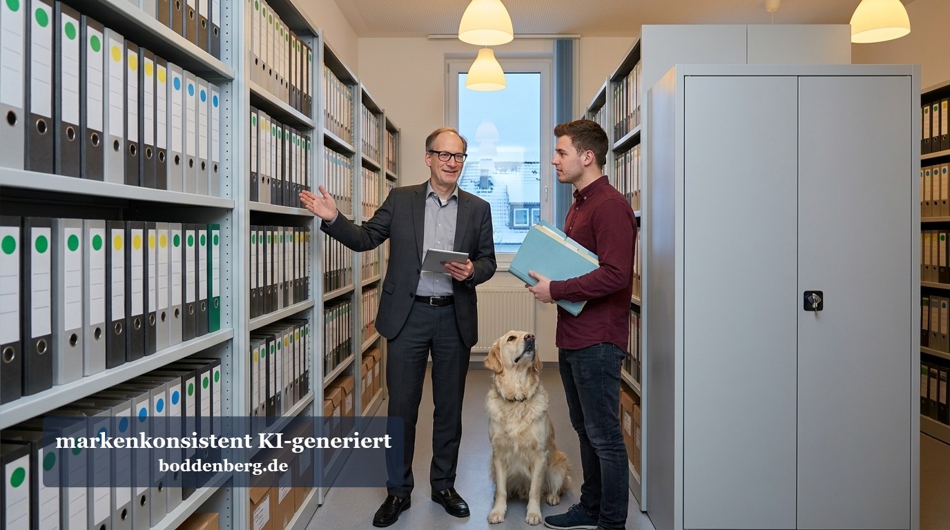Zwei Männer diskutieren in einem Archivraum vor Aktenschränken, ein Labrador sitzt zwischen ihnen.