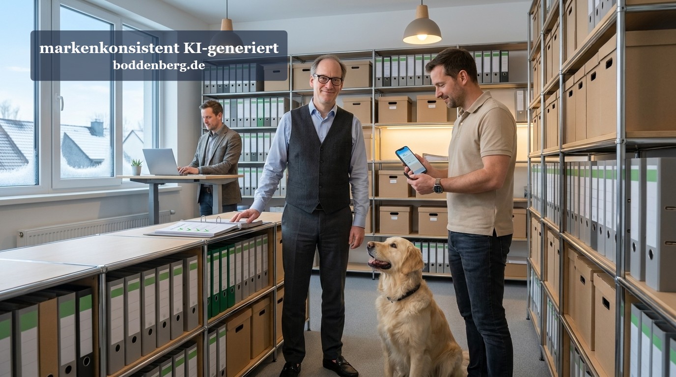 Zwei Männer stehen in einem hellen Archivraum mit Aktenordnern und Kartons, daneben sitzt ein Golden Retriever, und einer der Männer hält ein Tablet.