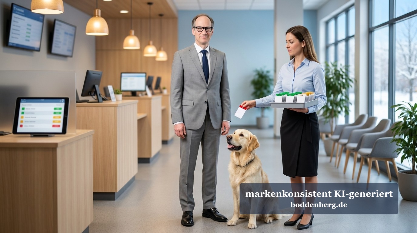 PKI-Diagnostiker im Praxisumfeld Ein Mann im grauen Anzug steht neben einem Golden Retriever, während eine Frau in einem hellen Wartebereich ein Tablett mit Karten hält.