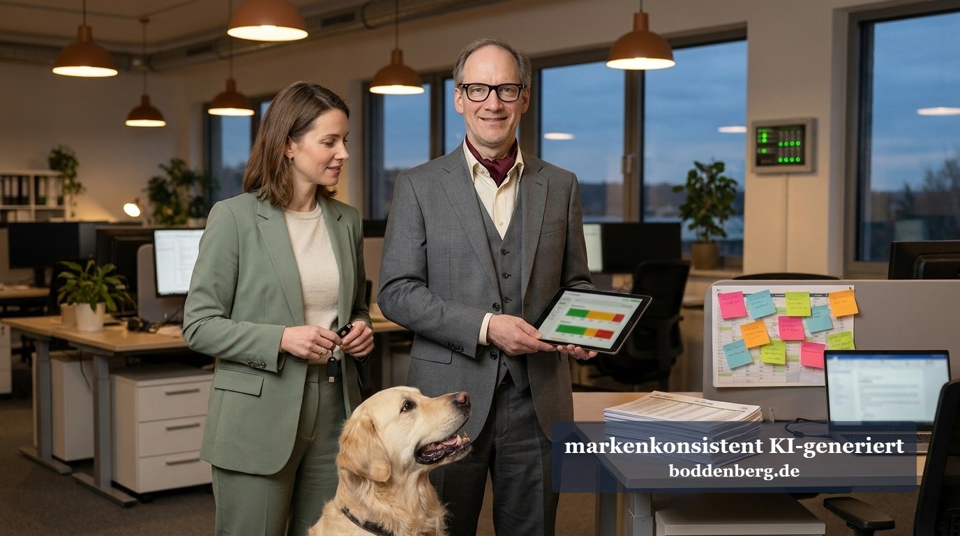 S/MIME-Manager: Team im Büro mit Tablet und Hund Zwei Berater stehen mit einem Golden Retriever in einem hellen Großraumbüro, einer hält ein Tablet mit Balkendiagramm.
