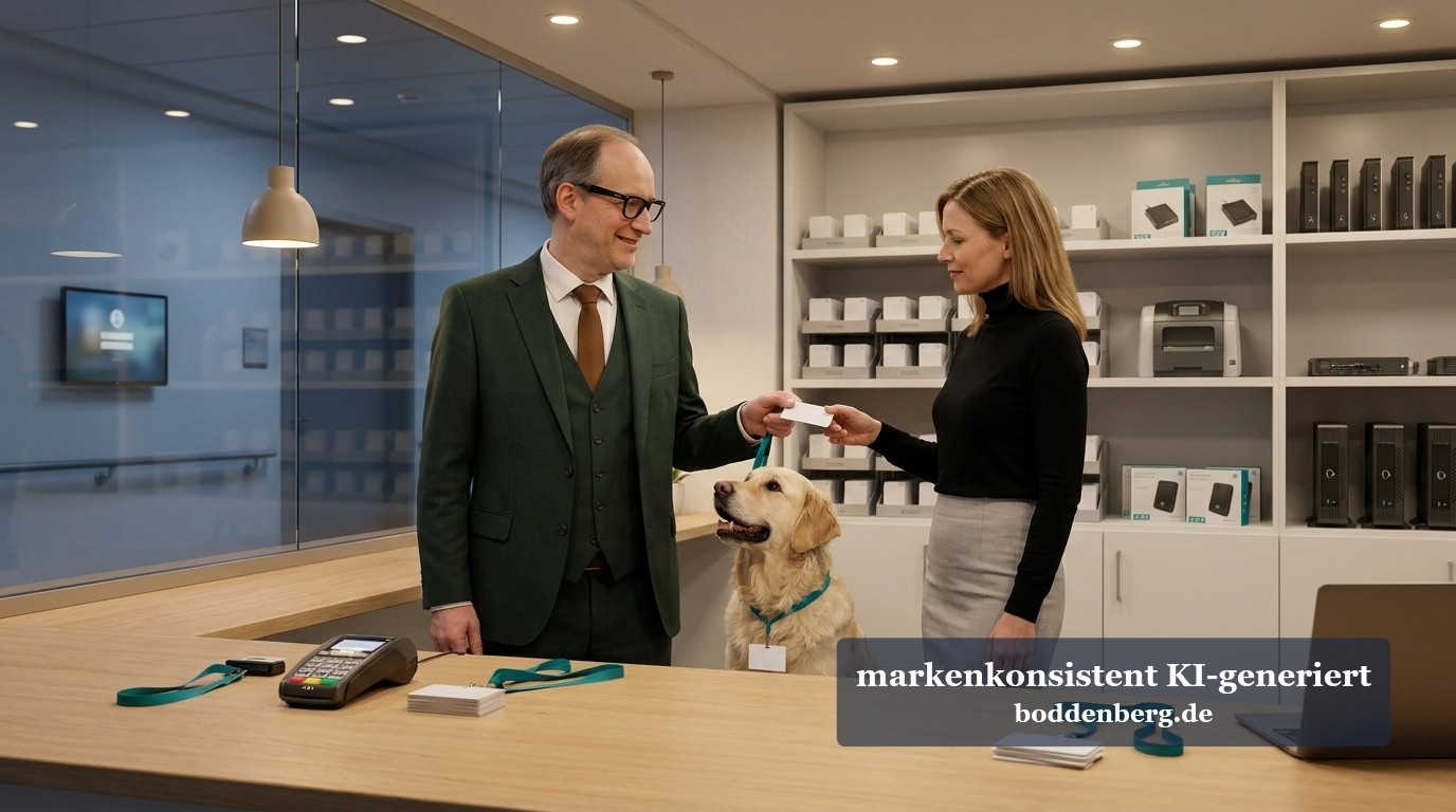 Geschäftskontakt im modernen Büro mit Hund Zwei Profis in einem modernen Büro übergeben sich eine Visitenkarte, während ein Labrador zwischen ihnen sitzt.