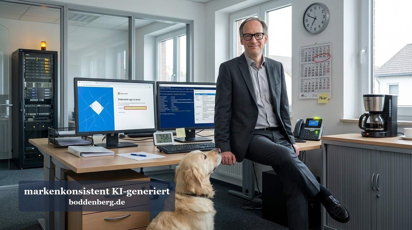IT-Consultant sitzt an seinem Schreibtisch mit Doppelbildschirm-Setup, Server-Rack und Golden Retriever im modernen Büro.