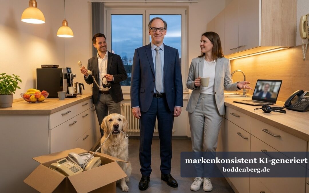Drei Personen und ein Hund in einem modernen Büro stehen neben einer offenen Kartonbox mit einer veralteten Telefonanlage.