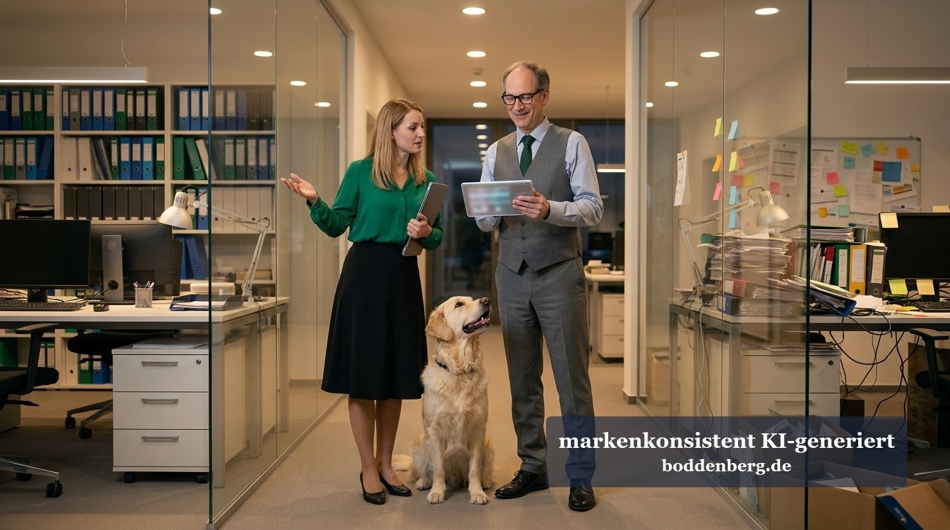 Zwei Fachleute und ein Hund in einem modernen Büro mit Glastrennwänden diskutieren vor einem Tablet.