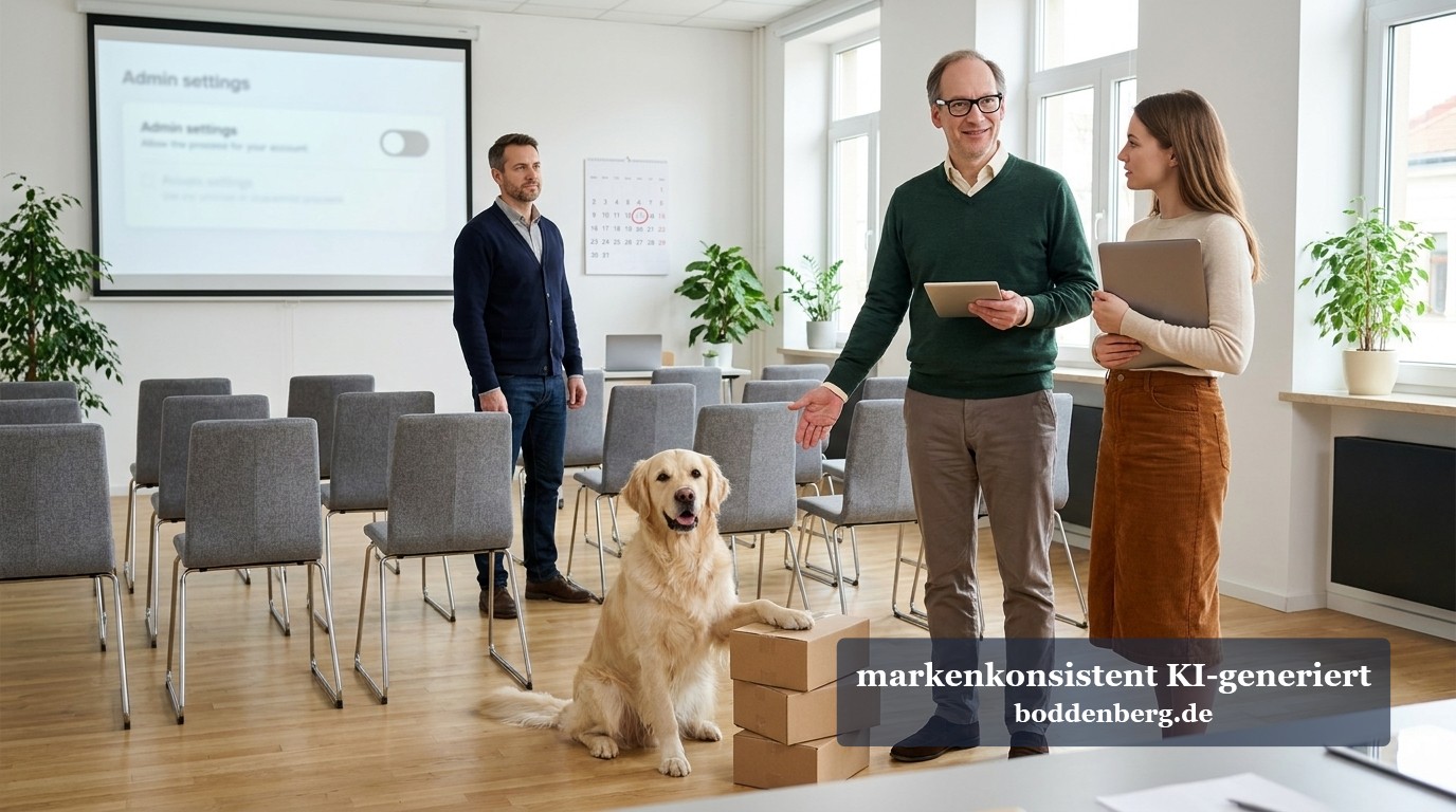 Team im Büro mit Hund und Versandboxen Team im Konferenzraum mit Hund zwischen Kartons, eine Person hält ein Tablet, im Hintergrund ein Beamer mit Admin-Settings-Bildschirm.