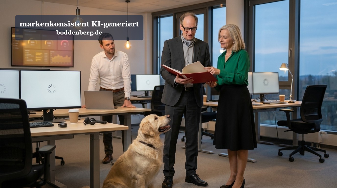 Geschäftsteam mit Hund im Büro Vier Personen und ein Labrador Retriever in einem modernen Büro während einer Besprechung mit Blick auf die Skyline.