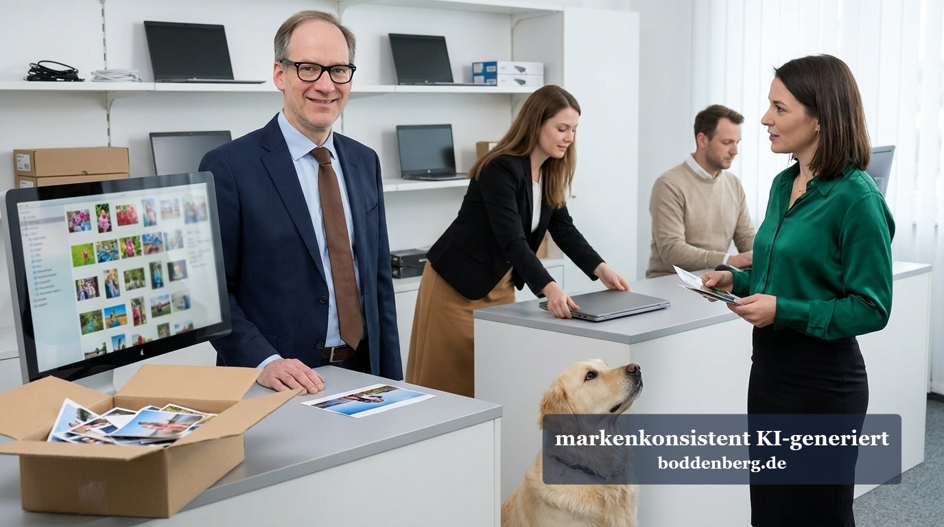 Büroteam mit Golden Retriever und Fotoabzügen Lächelnder Mann mit Brille am Monitor mit Fotogalerie, daneben eine Kollegin mit Laptop, eine Frau im Gespräch und ein Golden Retriever.
