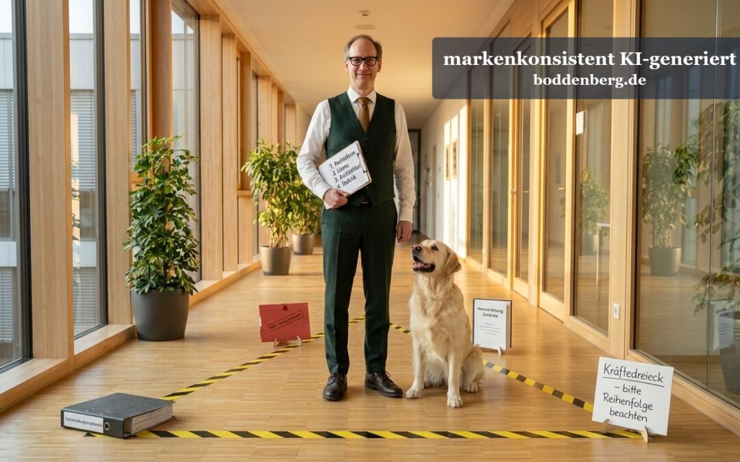 Ein Mann in Businesskleidung und ein Labrador Retriever stehen in einem hellen Büroflur, umgeben von Warnbändern und Schildern mit Sicherheitshinweise…