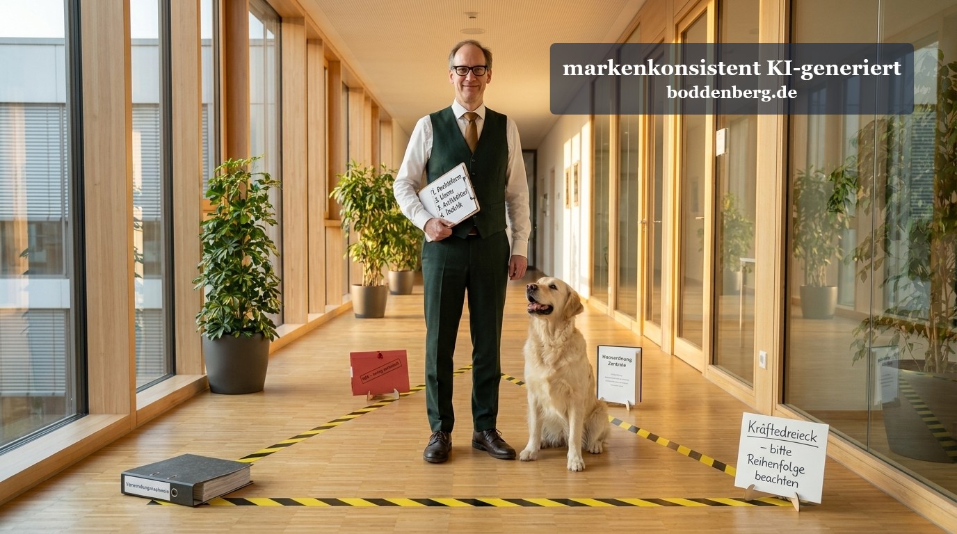 Ein Mann in Businesskleidung und ein Labrador Retriever stehen in einem hellen Büroflur, umgeben von Warnbändern und Schildern mit Sicherheitshinweise…