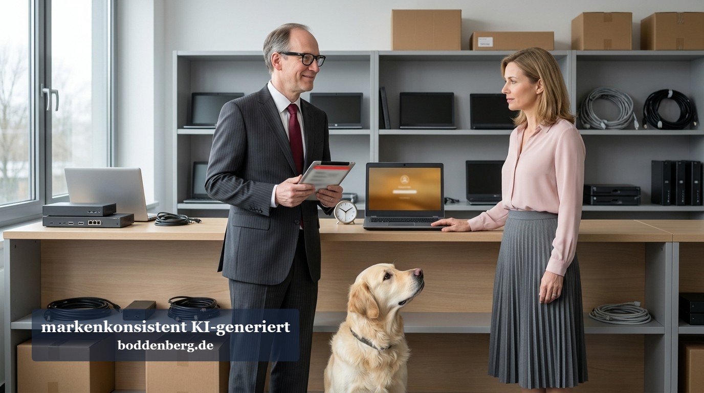 Geschäftsleute mit Hund im Büro Zwei Geschäftsleute und ein Golden Retriever in einem modernen Büro mit Schreibtisch, Regalwand und Laptops.