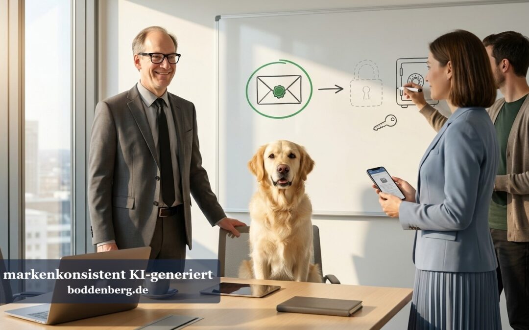Vier Menschen und ein Golden Retriever in einem modernen Büro, an einer Whiteboard-Tafel mit Verschlüsselungs- und E-Mail-Sicherheits-Symbolen.