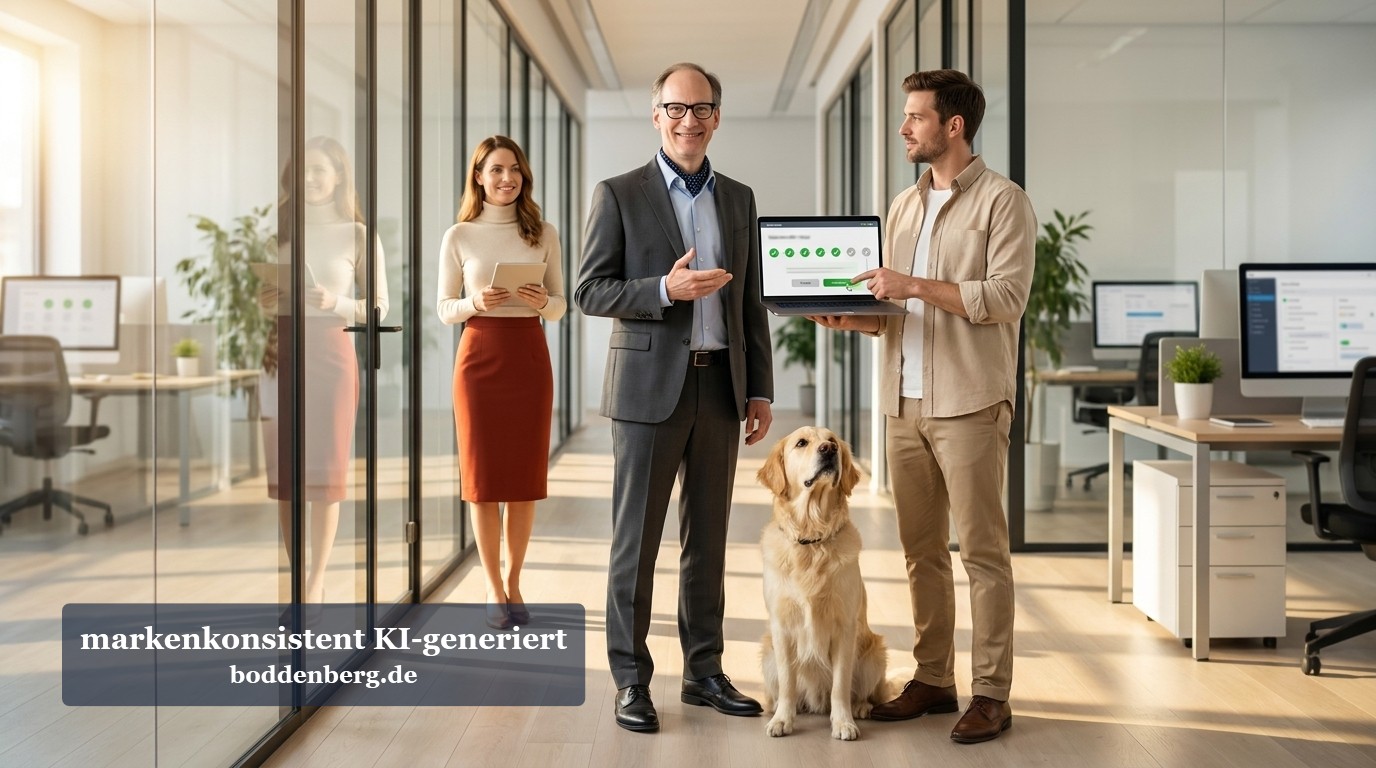 Team im Büro mit Hund und Laptop Drei Personen und ein Hund stehen in einem modernen Büroflur, ein Mann hält einen Laptop mit grünem Dashboard in der Hand.