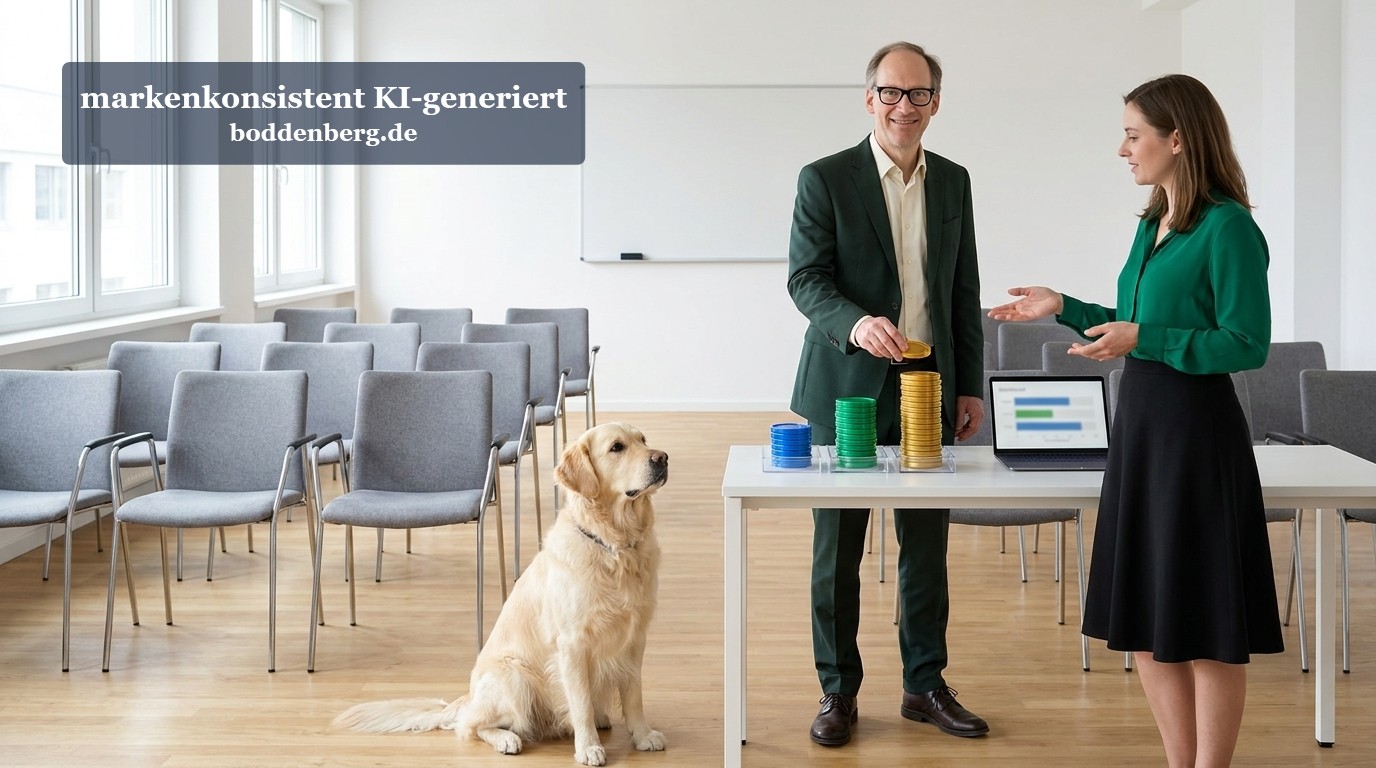 Geschäftsbesprechung mit Geld und Hund im Büro Zwei Geschäftsleute diskutieren an einem Tisch mit Geldstapeln, während ein Labrador sitzt.
