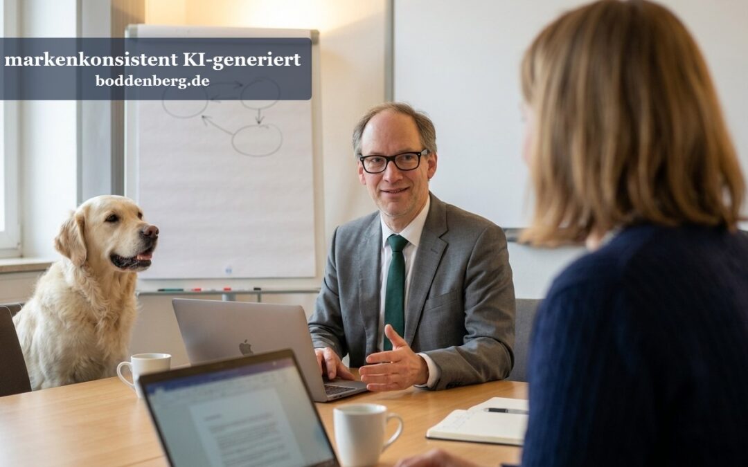 Mann und Frau in Business-Kleidung sitzen sich an einem Holztisch gegenüber, ein Golden Retriever sitzt zwischen ihnen, im Hintergrund ein Whiteboard…