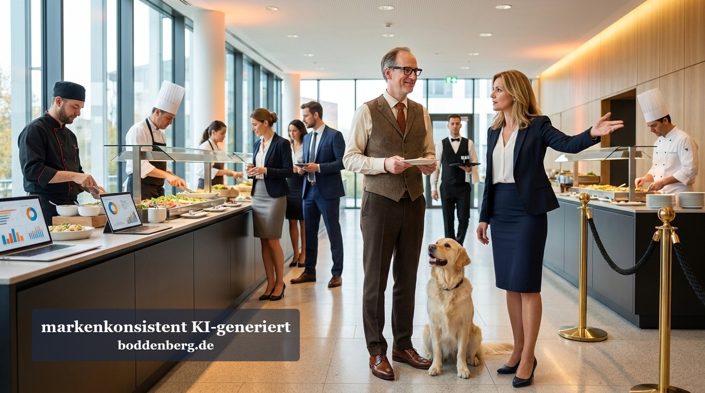 Business-Catering-Event in moderner Eventhalle Geschäftsleute in elegantem Umfeld bei einem Catering-Event mit Speisen an Buffets und einem Hund.