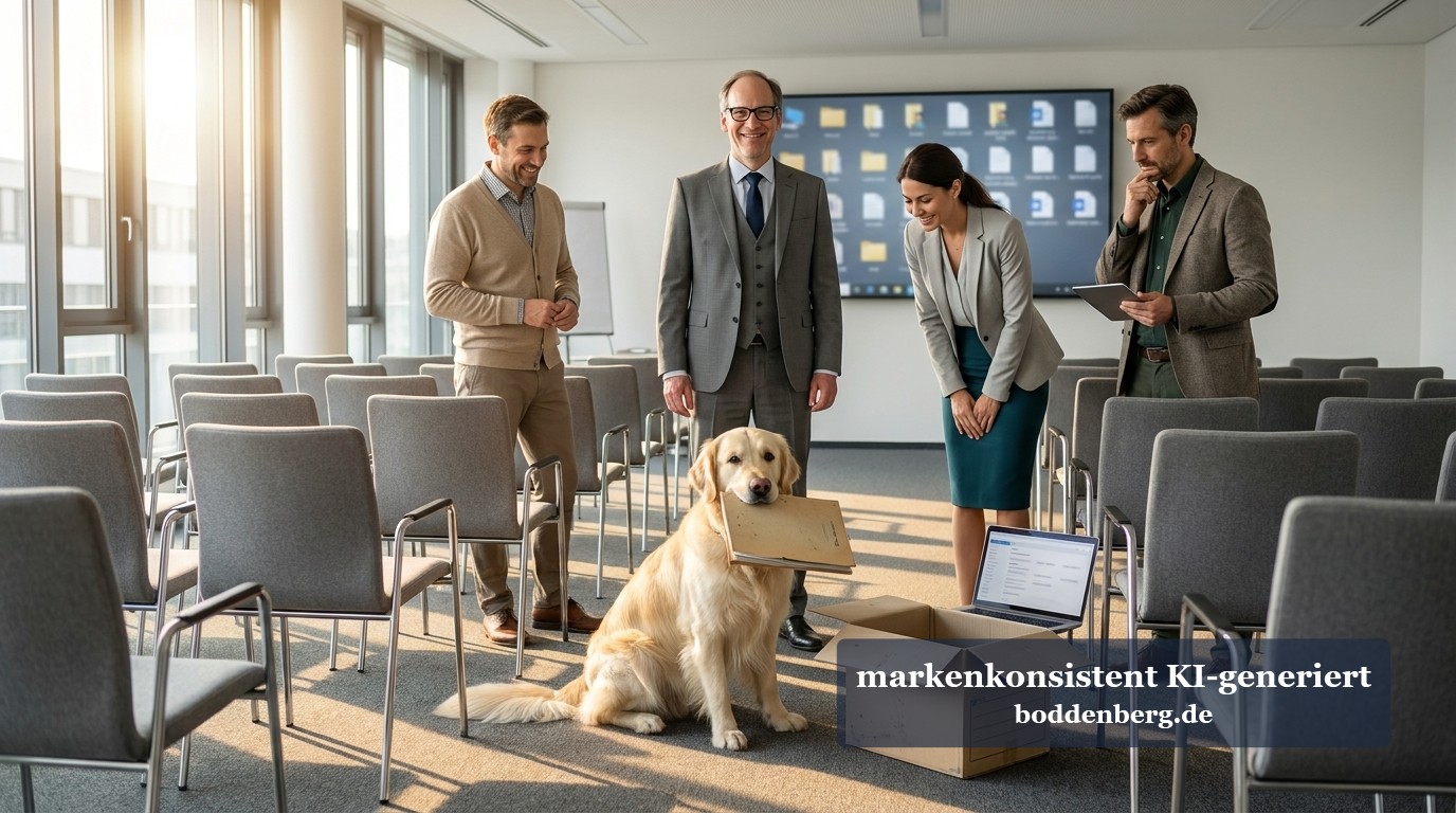 Consulting-Team in Konferenzraum mit Hund Vier Geschäftsleute in einem modernen Büromeetingraum mit einem Hund, der auf dem Boden sitzt und ein Clipboard hält.