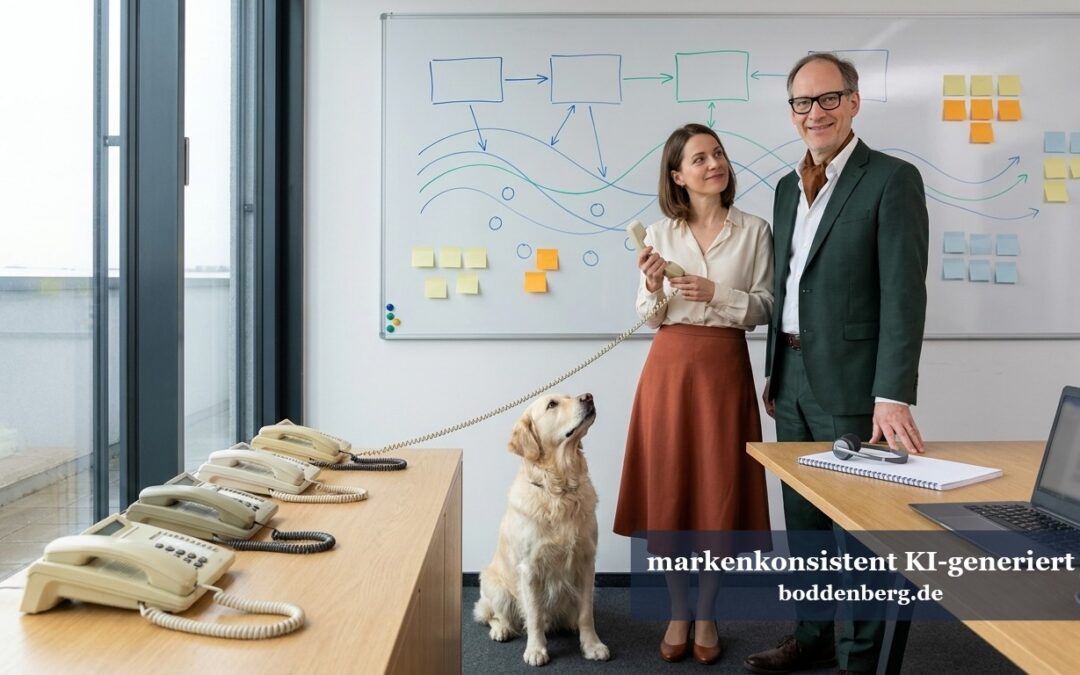 Zwei Berater vor einem beschriebenen Whiteboard in einem modernen Büro, ein Hund sitzt daneben.