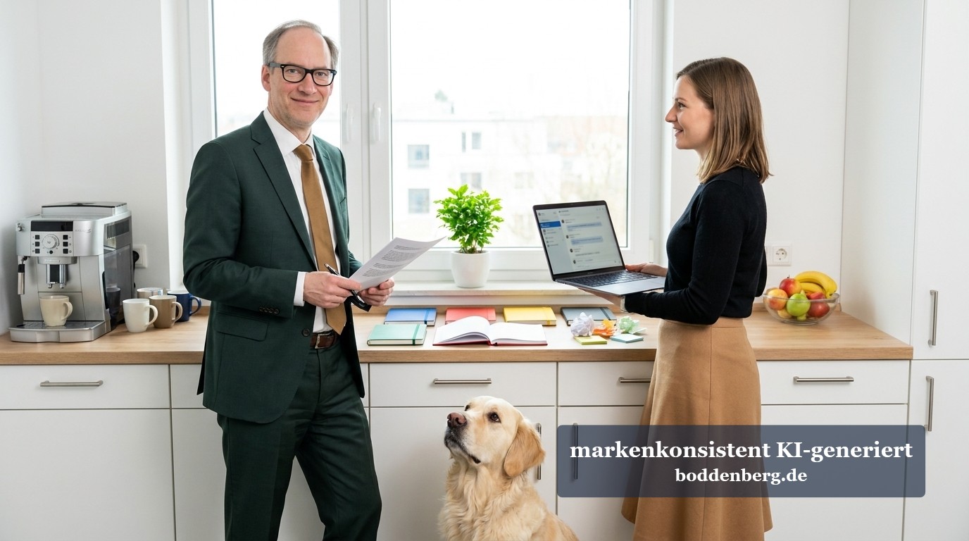 Copilot mit Gedächtnis: Kollege, der nie krank ist, aber Kunden vergisst Ein Mann im dunkelgrünen Anzug hält ein Dokument, daneben steht eine Frau mit Laptop in einer weißen Küche, vorne sitzt ein Golden Retriever.