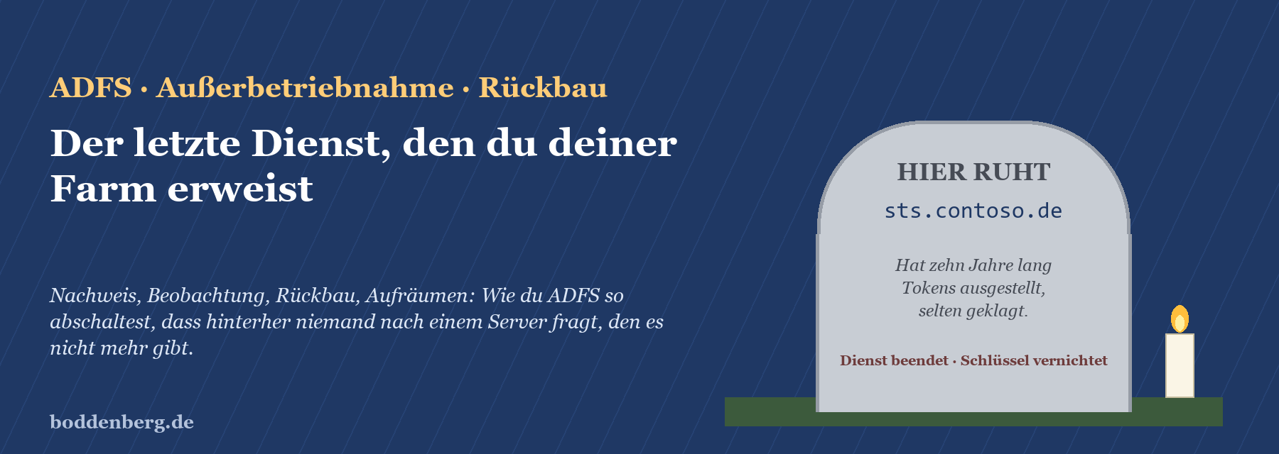 Grabstein mit Inschrift zeigt Ende einer ADFS-Farm nach zehn Jahren Betrieb, Domäne sts.contoso.de