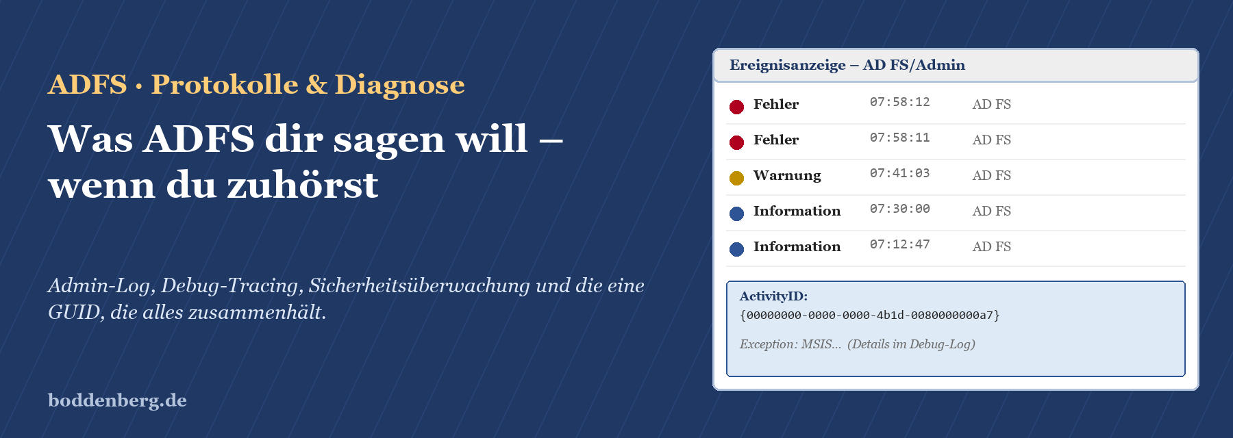 AD FS-Ereignisanzeige mit Fehler- und Informationseinträgen, Activity ID und Exception-Details