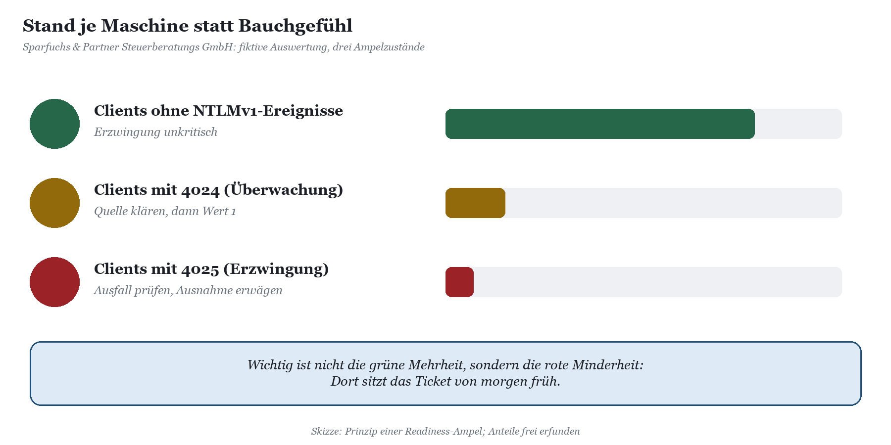 Ampel-Auswertung je Client: grüner Balken für Clients ohne NTLMv1-Ereignisse am größten, kleinere Balken für 4024 und 4025.