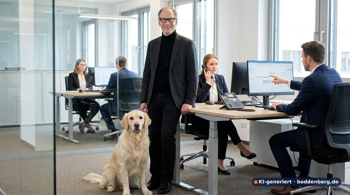 Mann mit Brille und Golden Retriever im Großraumbüro, im Hintergrund eine telefonierende Kollegin und ein Kollege am Monitor.