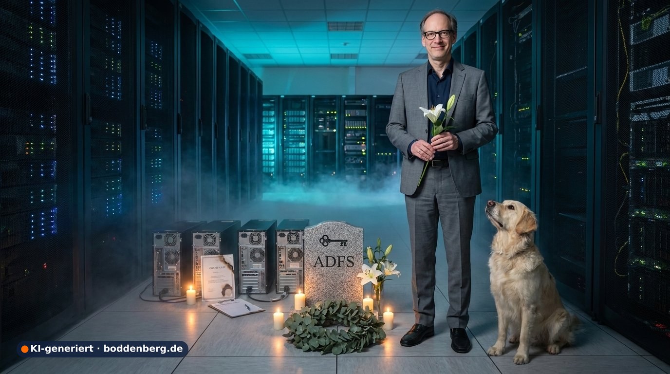 Mann mit Lilien neben Grabstein 'ADFS' und alten PC-Gehäusen im Serverraum, davor Kerzen und ein Kranz, daneben ein Hund.