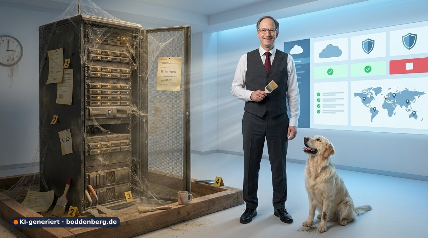 Verstaubter, verspinnter Serverschrank mit Nummernmarken, davor Mann mit Pinsel; im Hintergrund ein modernes Cloud-Dashboard.