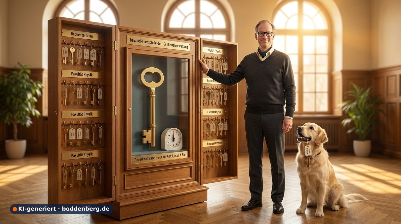 Holzschrank der Schlüsselverwaltung mit Fächern für Rechenzentrum und Fakultät Physik, im Glasfach goldener Generalschlüssel.