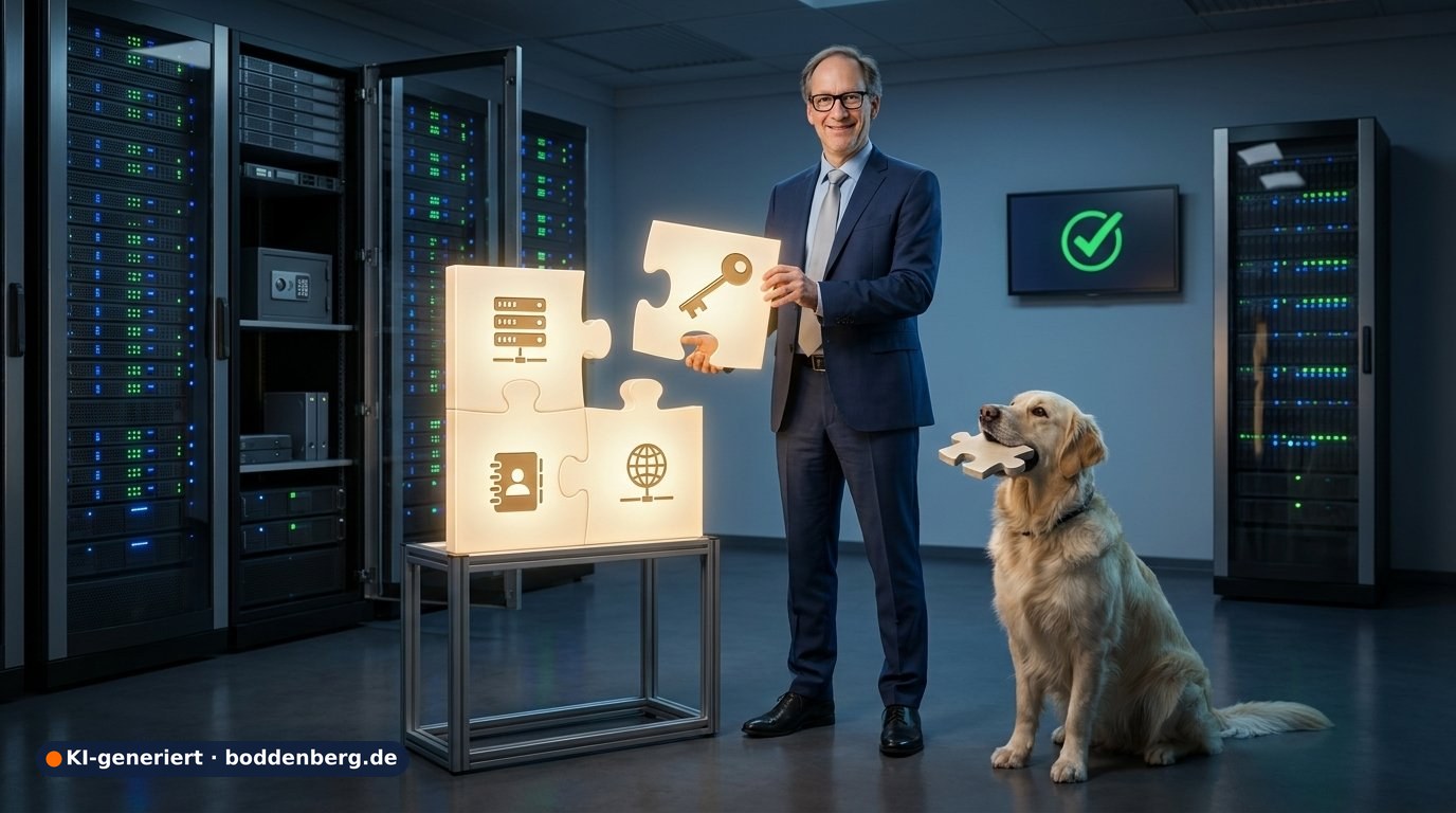 Mann hält leuchtendes Puzzleteil mit Schlüsselsymbol, daneben beleuchtetes Puzzle mit Server-, Kontakt- und Globussymbol; Hun