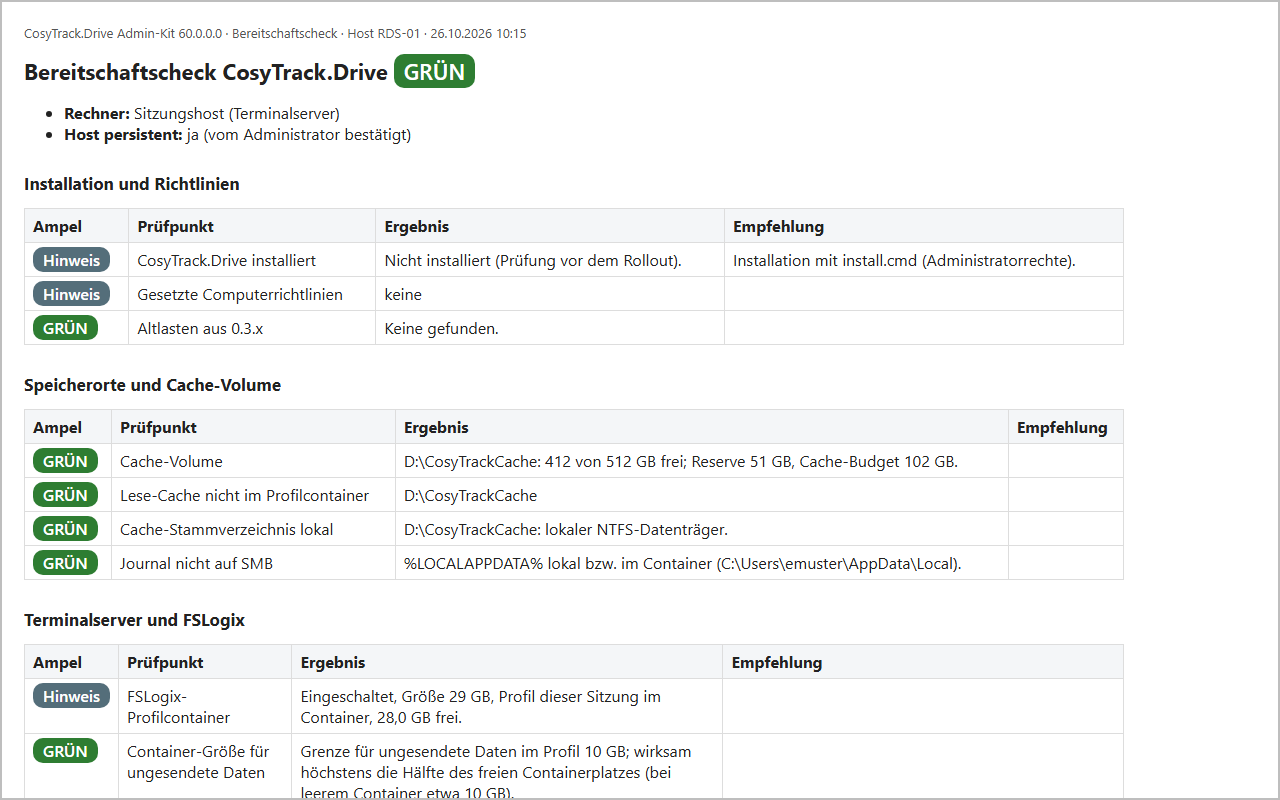 Bereitschaftscheck CosyTrack.Drive auf Terminalserver RDS-01 mit Ampelstatus GRÜN, Prüfpunkten zu Installation, Cache und FSL
