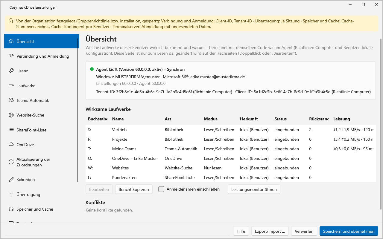 CosyTrack.Drive-Einstellungen, Übersicht mit wirksamen Laufwerken S:, P:, T:, O:, W:, L: und deren Status und Leistung.