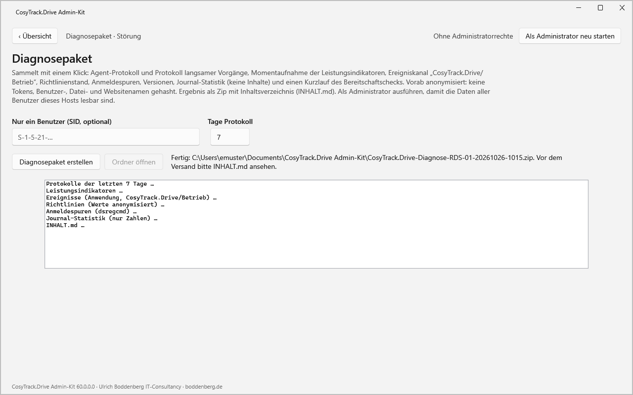 CosyTrack.Drive Admin-Kit, Maske zum Erstellen eines Diagnosepakets mit Optionen für Benutzer-SID und Protokolltage.